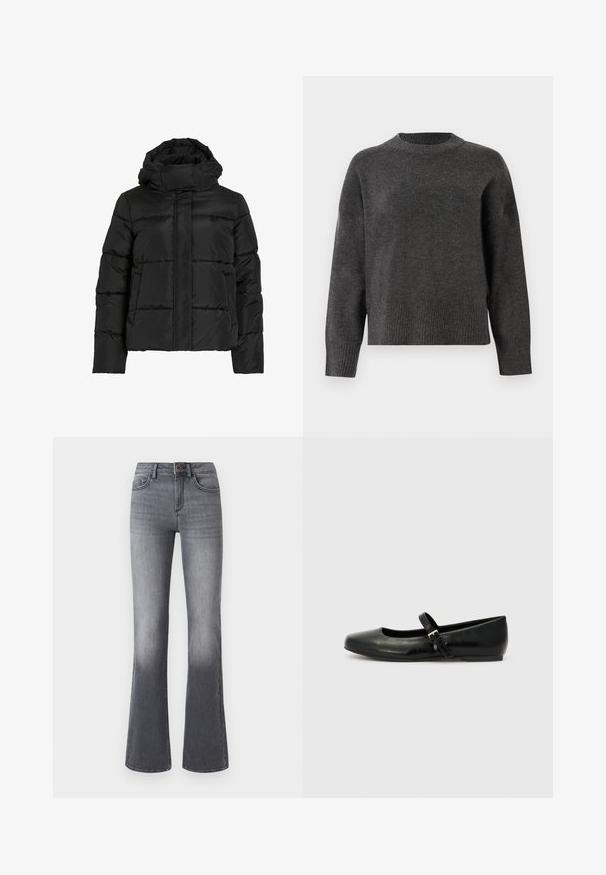 Schwarze Steppjacke mit hohem Kragen, horizontaler Steppmusterung und vorderem Reißverschluss. Mit Taschen und leicht verkürztem Schnitt.; Dunkelgrauer Strickpullover mit langen Ärmeln, rundem Halsausschnitt und gerippten Bündchen und Saum. Glatte Textur mit leicht lockerer Passform.; Hochtaillierte, ausgestellte Jeans aus dunkelgrauem Denim mit Fronttaschen, Knopfverschluss und dezentem Ausbleichen zum Saum hin.; Schwarze Leder-Ballerinas mit einer runden Spitze, einer flachen Sohle und einem dünnen, verstellbaren Riemen über dem Spann mit einer Metallschnalle.