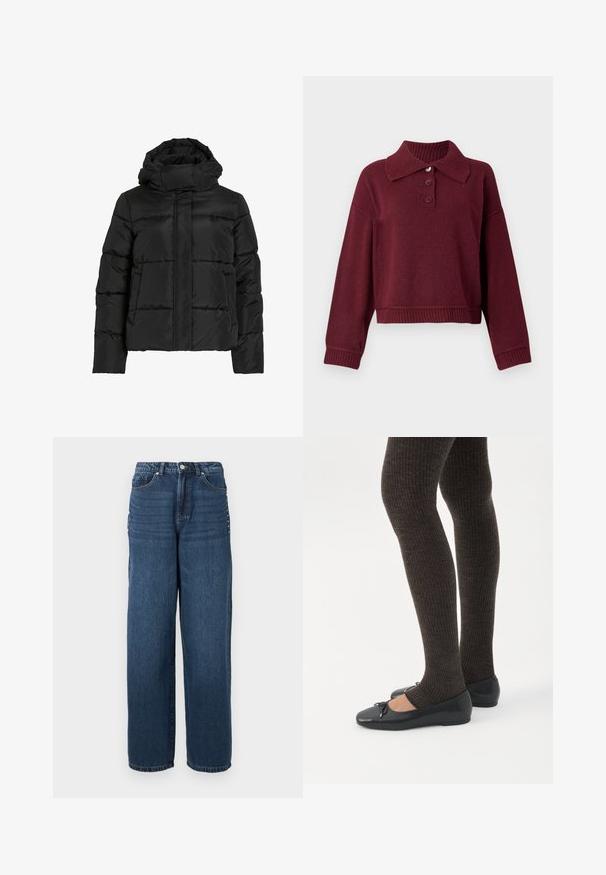 Sort dunjakke med høj krave, vandret quiltet mønster og lynlås foran. Har lommer og en let cropped pasform.; Bordeaux pullover med krave, tre knapstolper og ribbet kant ved nederdel og manchetter. Blød tekstur med en afslappet pasform.; Mørkeblå denim jeans med løstsiddende pasform, fem lommer, og knaplukning med metaldetaljer langs sidesømmene.; Ben iført mørke ribbede leggings kombineret med sorte balletsko med små sløjfedetaljer på hvid baggrund.