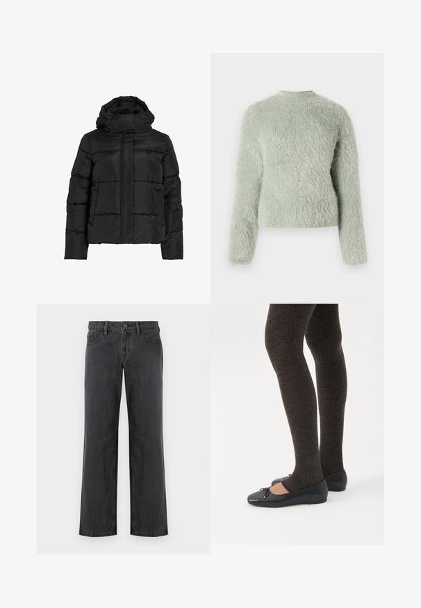 Sort dunjakke med høj krave, vandret quiltet mønster og lynlås foran. Har lommer og en let cropped pasform.; Fuzzy lys grøn sweater med lange ærmer, høj halsudskæring og en blød tekstureret overflade, der har en afslappet pasform og minimalistisk design.; Mørkegrå vidde bukser lavet af denim, med standard linning, fem lommer og knaplukning. Glat tekstur og ensartet syning.; Ben iført mørke ribbede leggings kombineret med sorte balletsko med små sløjfedetaljer på hvid baggrund.
