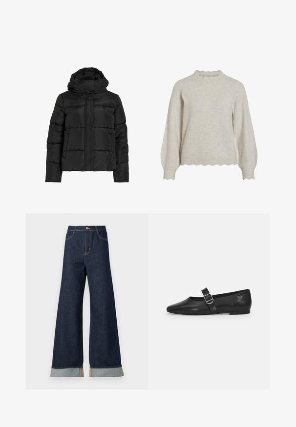 Schwarze Steppjacke mit hohem Kragen, horizontaler Steppmusterung und vorderem Reißverschluss. Mit Taschen und leicht verkürztem Schnitt.; Helle beige Strickjacke mit einem gerippten, gewellten Ausschnitt und Saum. Verfügt über lange, ballonförmige Ärmel und einen weichen, strukturierten Stoff.; weit geschnittene dunkelblaue Denim-Jeans mit orangefarbenen Nähten, hohen Bund, zwei vorderen Taschen und umgeschlagenen Säumen, die einen hellblauen Kontraststoff zeigen.; Schwarzer Lederflatschuh mit runder Zehenform, einem verstellbaren Schnallenriemen und einer glatten, glänzenden Oberfläche. Minimalistisches Design mit einem niedrigen Absatz.