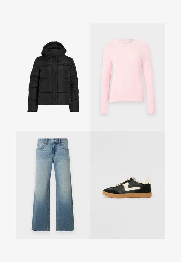 Sort dunjakke med høj krave, vandret quiltet mønster og lynlås foran. Har lommer og en let cropped pasform.; Lyserød strikket sweater med lange ærmer, rund halsudskæring, ribbet kant og tekstureret overflademønster. Glat stof og afslappet pasform.; Lyseblå jeans med vide ben og falmet finish, med knaplukning, fem lommer og syning langs sømmene.; Sorte ruskinds- og lædersneakers med en cremefarvet side-swoosh og lys cremefarvet hæl. Har beige snørebånd og en gummirubber-sål.