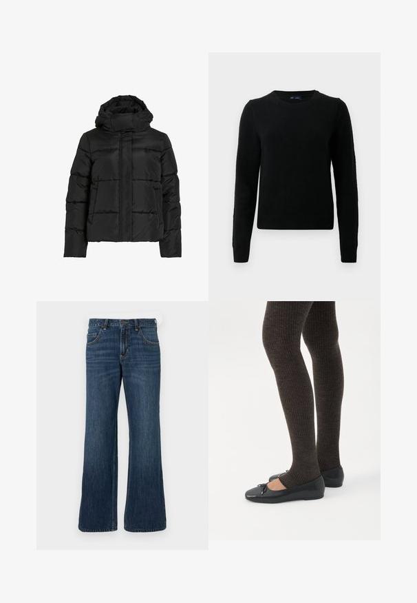 Sort dunjakke med høj krave, vandret quiltet mønster og lynlås foran. Har lommer og en let cropped pasform.; Sort strikketrøje med rund halsudskæring, lange ærmer og ribbede kanter. Stoffet ser blødt ud med en glat tekstur.; Mørkeblå jeans med vide ben og klassisk design med fem lommer, der har knaplukning og diskret falming. Fremstillet af denimstof.; Ben iført mørke ribbede leggings kombineret med sorte balletsko med små sløjfedetaljer på hvid baggrund.