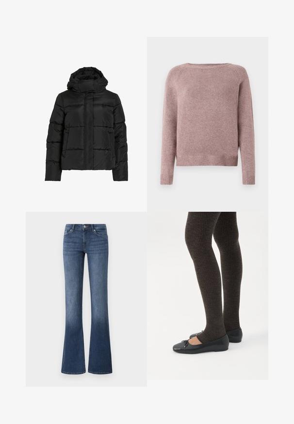 Sort dunjakke med høj krave, vandret quiltet mønster og lynlås foran. Har lommer og en let cropped pasform.; Lyserødt sweater lavet af blødt stof, med rund halsudskæring, lange ærmer og ribbede detaljer i kanten. Enkel design uden udsmykninger.; Flared blå jeans lavet af denim, med en mellem vasket farve, fem lommer og en lynlås med knaplukning. Glat tekstur.; Ben iført mørke ribbede leggings kombineret med sorte balletsko med små sløjfedetaljer på hvid baggrund.