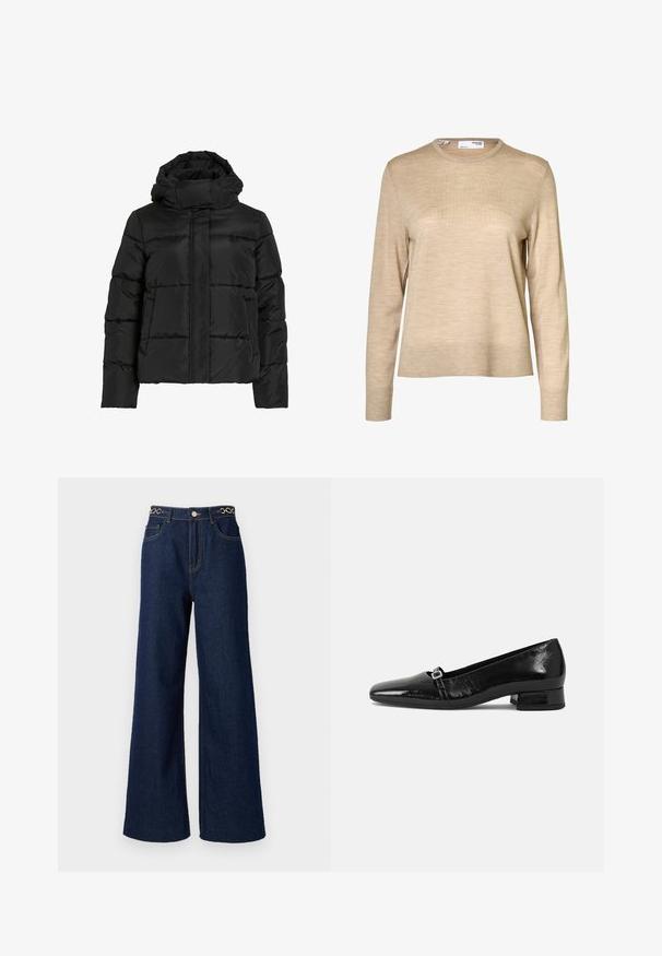 Schwarze Steppjacke mit hohem Kragen, horizontaler Steppmusterung und vorderem Reißverschluss. Mit Taschen und leicht verkürztem Schnitt.; Beiger Wollpullover mit langen Ärmeln, Rundhalsausschnitt sowie gerippten Bündchen und Saum, vor weißem Hintergrund dargestellt.; Weite dunkelblaue Denim-Jeans mit hoher Taille, goldenen Kettenakzenten am Bund und kontrastierenden Nähten.; Schwarze Lackleder-Ballettschuhe mit spitzem Zehenbereich, niedrigem quadratischem Absatz und einem kleinen metallischen Schnallenakzent am Riemen. Glatte Textur.