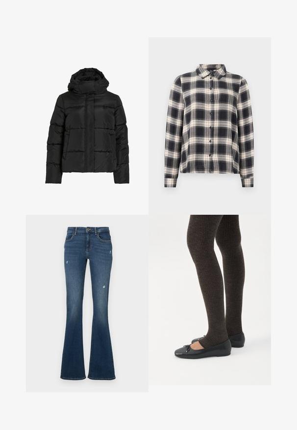 Sort dunjakke med høj krave, vandret quiltet mønster og lynlås foran. Har lommer og en let cropped pasform.; Langærmet ternet skjorte i navy, hvid og beige. Har standard krave, knaplukning fortil og blødt stof med ternet mønster.; Flared jeans i mørkeblå denim med slidte områder. Har fem lommer og lynlås foran. Mellemvægtigt stof med en glat tekstur.; Ben iført mørke ribbede leggings kombineret med sorte balletsko med små sløjfedetaljer på hvid baggrund.