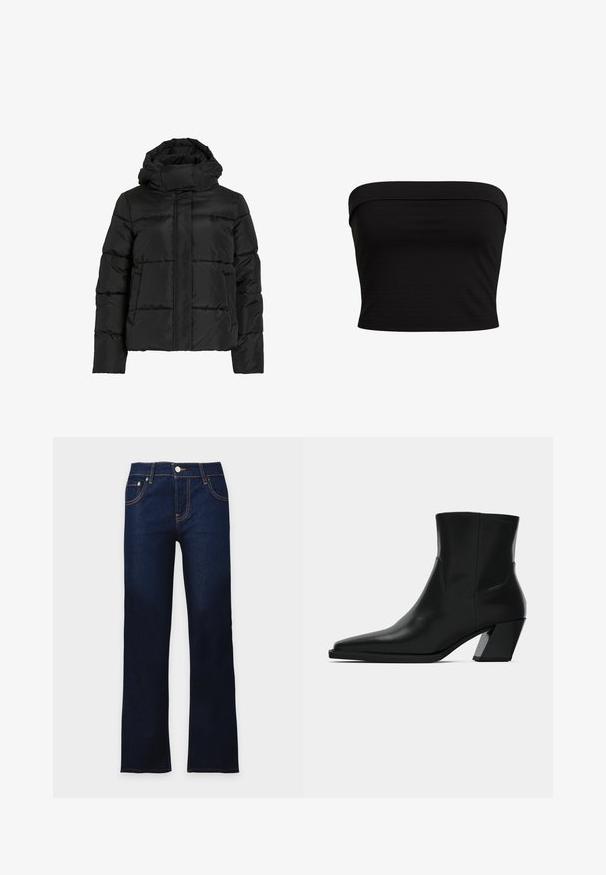 Schwarze Steppjacke mit hohem Kragen, horizontaler Steppmusterung und vorderem Reißverschluss. Mit Taschen und leicht verkürztem Schnitt.; Schwarzes trägerloses Oberteil mit einer taillierten Passform, hergestellt aus weichem Stoff, mit glatter Textur und sauberen Kanten. Keine zusätzlichen Muster oder Akzente.; Dunkelblaue Jeans aus Denim mit geradem Bein, vorderer Knopfverschluss und sichtbaren orangefarbenen Nähten.; Schwarze Leder-Stiefelette mit spitzem Zeh, schlanker Silhouette und klobigem quadratischem Absatz. Glatte Textur mit minimalen Nähdetails.