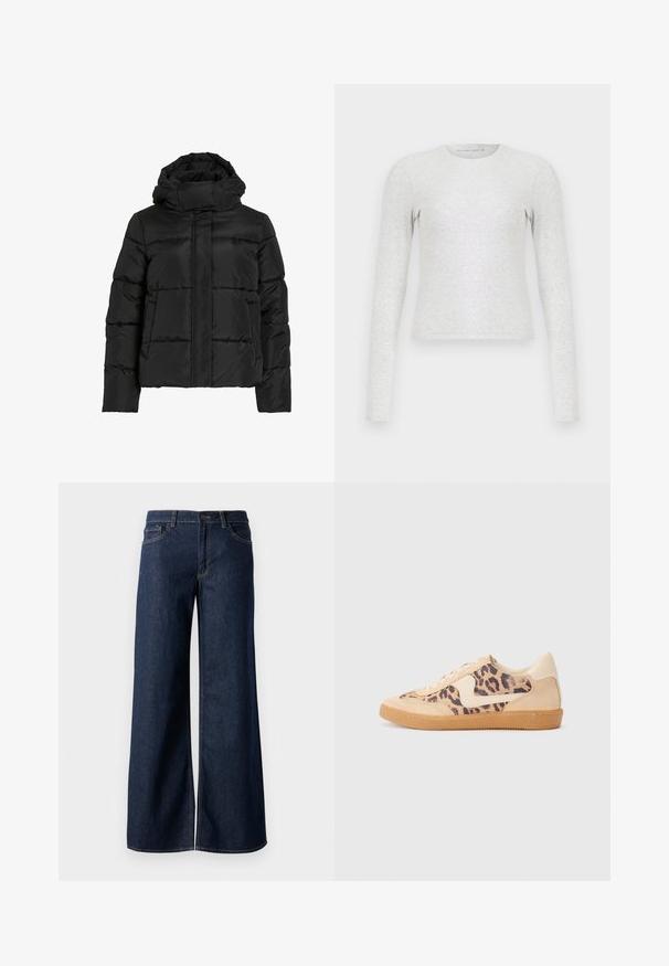 Chaqueta negra tipo puffer con cuello alto, patrón acolchado horizontal y cierre frontal con cremallera. Cuenta con bolsillos y un diseño ligeramente corto.; Camiseta de manga larga gris hecha de una tela suave y elástica. Presenta un escote redondo y una forma ajustada. Textura lisa sin patrones.; Jeans de pierna ancha en denim azul oscuro. Presenta costuras en contraste, cinco bolsillos y un cierre de botón en la cintura. Textura suave.; Zapatillas de leopardo con parte superior de ante beige, suela de goma marrón y acentos blancos. Punta redonda y diseño con cordones con un acabado texturado.