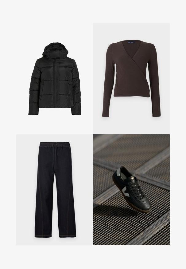 Schwarze Steppjacke mit hohem Kragen, horizontaler Steppmusterung und vorderem Reißverschluss. Mit Taschen und leicht verkürztem Schnitt.; Braunes, geripptes Wickeloberteil mit langem Arm und V-Ausschnitt, das eine figurbetonte Silhouette und eine glatte Textur aufweist. Markenetikett ist im Nackenbereich innen sichtbar.; Dunkle Denim-Hosen mit weitem Bein, ausgestattet mit einem elastischen Bund und Kordelzug, kontrastierenden orangefarbenen Nähten sowie geraden, klaren Linien.; Schwarze Ledersneaker mit grauen Akzenten, Schnürsenkeln und einer Gummisohle. Verfügt über ein auffälliges weißes Logo und ein strukturiertes Obermaterial.