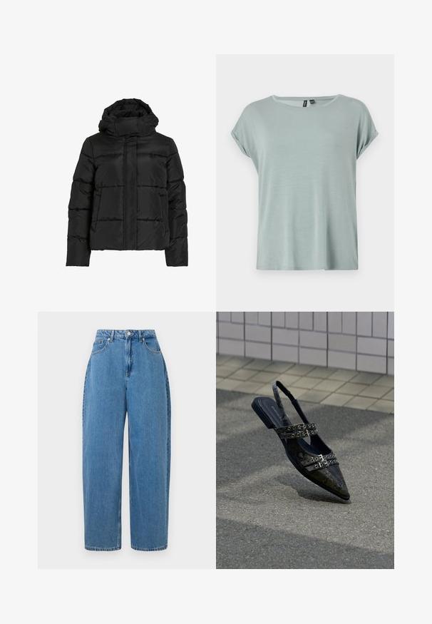 Sort dunjakke med høj krave, vandret quiltet mønster og lynlås foran. Har lommer og en let cropped pasform.; Lys grøn T-shirt med en afslappet pasform, korte omviklede ærmer og rund halsudskæring. Blød, glat tekstur med et let løst design.; Lyseblå denimbukser med lige ben, høj talje og lukning med frontknap. Har fem lommer og minimale syninger.; Spidse slingback-sko i sort imiteret slangeskind med dobbelt spænde og lav hæl, der har en glat tekstur og moderne design.
