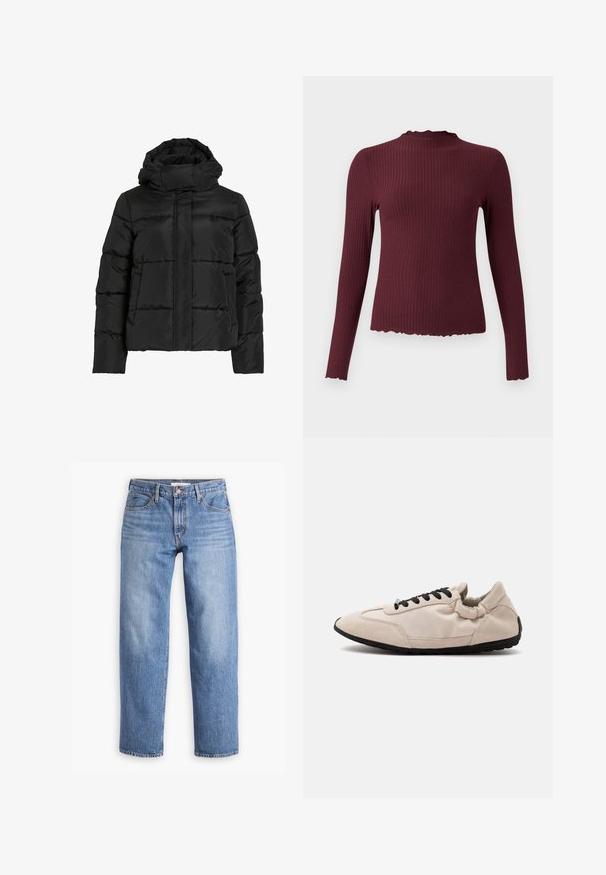 Sort dunjakke med høj krave, vandret quiltet mønster og lynlås foran. Har lommer og en let cropped pasform.; Bordeaux langærmet top, ribbet tekstur, høj hals med bølget kant, tætsiddende form, blødt stof og let cropped kant.; Lyseblå denimjeans med lige pasform, fem lommer og lynlåsgylf. Stoffet har en klassisk tekstureret overflade med let falming.; Beige sneaker med sort sål og sorte snørebånd vist fra siden, lavet af ruskind og stof, mod en ensfarvet hvid baggrund.