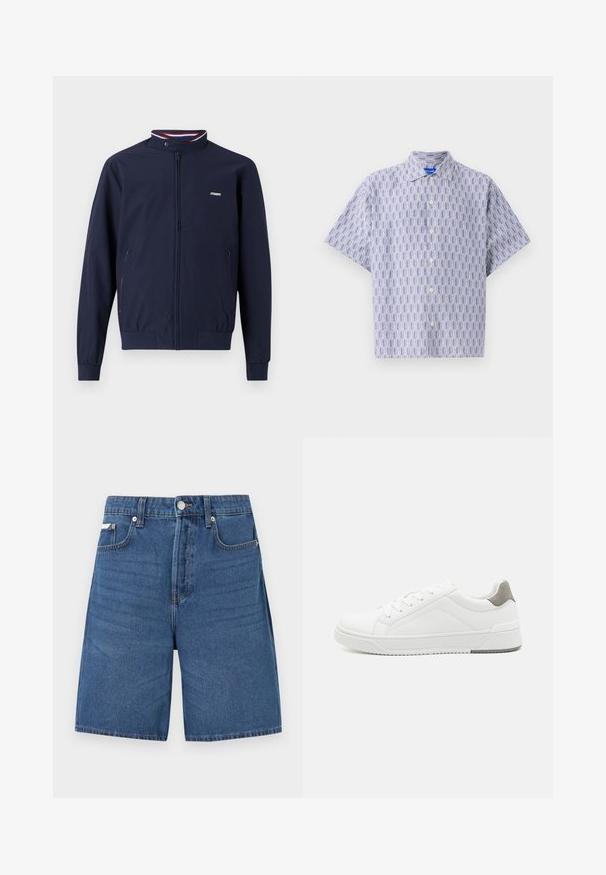 Veste légère zippée bleu marine avec col montant, poignets élastiques, deux poches latérales, et accents rayés rouges et bleus.; Chemise à manches courtes boutonnée en bleu clair avec un motif géométrique bleu foncé. Elle présente un col et une coupe décontractée. Fabriquée en tissu léger.; Short en denim bleu clair avec fermeture éclair devant, bouton, passants de ceinture et cinq poches, présenté sur fond blanc uni.; Basket blanche en cuir lisse, à bout arrondi, design minimaliste, accent de talon gris et semelle en caoutchouc texturé.