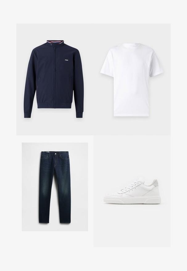 Marineblauwe lichtgewicht ritsjack met een hoge kraag, elastische manchet, twee zijzakken en contrasterende rode en blauwe gestreepte accenten.; Witte T-shirt met korte mouwen, gemaakt van katoen, met een ronde hals. Het heeft een gladde textuur en een eenvoudig ontwerp zonder patronen of accenten.; Donkerblauwe spijkerbroek met een rechte pasvorm, voorzien van vijf zakken, een knoopsluiting en subtiele vervaging op de bovenbenen. Klassieke stikseldetails.; Witte leren sneakers met een gladde afwerking, ronde neus, platte veters en een gestructureerde zool. Grijze suède accent bij de hiel.