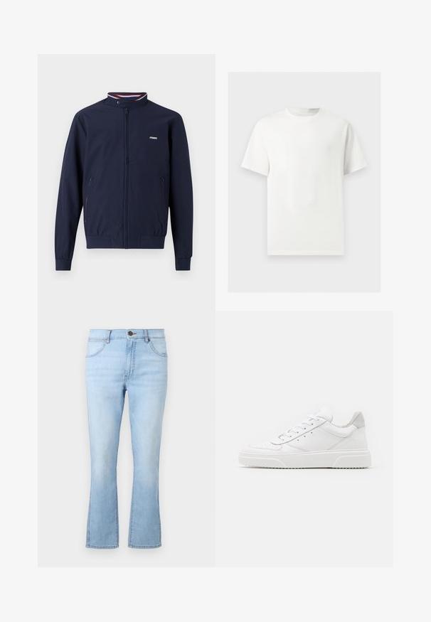 Chaqueta ligera de color azul marino con cierre de cremallera y cuello alto, puños elásticos, dos bolsillos laterales y acentos a rayas en rojo y azul contrastantes.; Camiseta blanca lisa de manga corta y cuello redondo mostrada sobre un fondo gris claro.; Vaqueros acampanados de color azul claro, confeccionados en denim, con cinco bolsillos, cierre de botón y cremallera, y costuras en contraste. Presentan un lavado ligeramente desvanecido.; Zapatillas de cuero blanca con un acabado suave, punta redondeada, cordones planos y una suela texturada. Acento de ante gris en el talón.