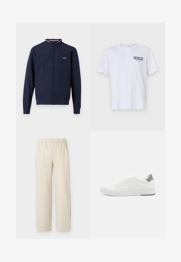 Marineblauwe lichtgewicht ritsjack met een hoge kraag, elastische manchet, twee zijzakken en contrasterende rode en blauwe gestreepte accenten.; Witte katoenen t-shirt met korte mouwen en een ronde hals. De bedrukking op de linkerborst luidt "REPUBLIQUE FRANCAISE" in donkergroene letters.; Beige wijde broek met een elastische tailleband, gemaakt van zachte stof. Kenmerkt zich door een gladde textuur en geen zichtbare patronen of hardware.; Witte sneaker van glad leer met een ronde neus, minimalistisch ontwerp, grijze hielaccent en een geplaatste rubberen zool.