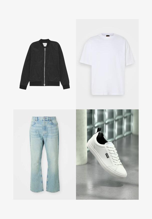 Zwarte bomberjack met een gladde, lichte stof, ritsluiting, ribbelmanchetten en -zoom, en zijzakken. Eenvoudig, gestroomlijnd ontwerp.; Witte katoenen T-shirt met ronde hals, korte mouwen en een ontspannen pasvorm. Heeft textuur op de schoudernaden voor extra detail.; Lichtblauwe denim flare jeans met een hoge taille, voorzien van vijf zakken, riemlussen en een vervaagde wastextuur.; Witte leren sneaker met een zwarte binnenvoering, platte vetersluiting en een zichtbaar logodetail. Voorzien van een textuur rubberen zool voor grip.