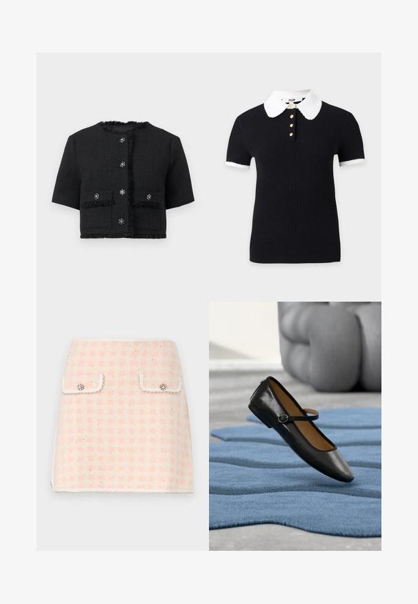 Sort kortermet cropped jakke med frynsekant, frontlommer og seks dekorative rhinstein-knapper.; Svart ribbestrikket kortermet topp med hvit bølget krage og ermekanter, med fire gullknapper foran i halsåpningen.; Ull mini skjørt i rosa og kremmønster med ruter, med to frontlommer med dekorative knapper og en frynset kant.; Svart lær Mary Jane-sko med spenne, vist på en teksturert blå teppe, med en uskarp grå tuftet sofa i bakgrunnen.