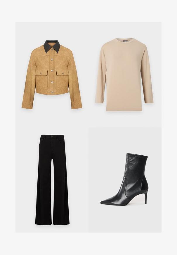 Karamelgekleurde leren cropped jack met een zwarte kraag, voorzien van twee voorzakken en een drukknoopsluiting. Gladde textuur met een matte afwerking.; Beige T-shirt met lange mouwen en ronde hals, met een rechte zoom, afgebeeld tegen een effen witte achtergrond.; Zwarte wijde broekspijpen van denim, met een hoge taille, voorzakken en een eenvoudige metalen knoopsluiting.; Zwarte enkelboots van soepel leer, met een spitse neus, een aangesloten schacht en een slanke hoge hak. Minimalistisch ontwerp zonder zichtbare hardware.