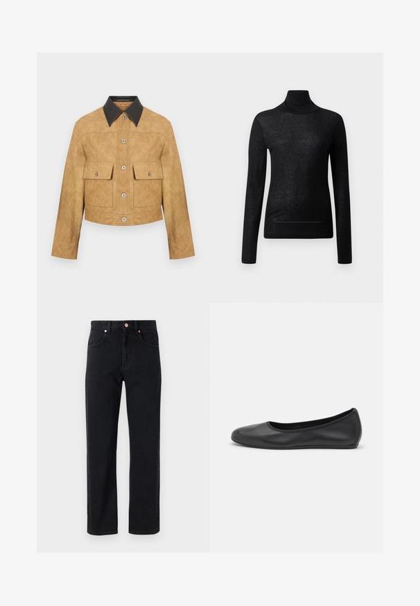 Chaqueta corta de cuero color tan con cuello negro, que presenta dos bolsillos frontales y cierre de botones a presión. Textura suave con un acabado mate.; Top negro de manga larga y cuello alto, fabricado en tejido ligero, con un diseño ajustado y detalles de costura mínimos, ideal para superponer.; Jeans de denim negro con corte recto, diseño de cinco bolsillos, detalles en botón de cobre y costuras mínimas visibles.; Bailarina de piel negra con punta redondeada, textura suave, detalle de costura minimalista y diseño de suela flexible.