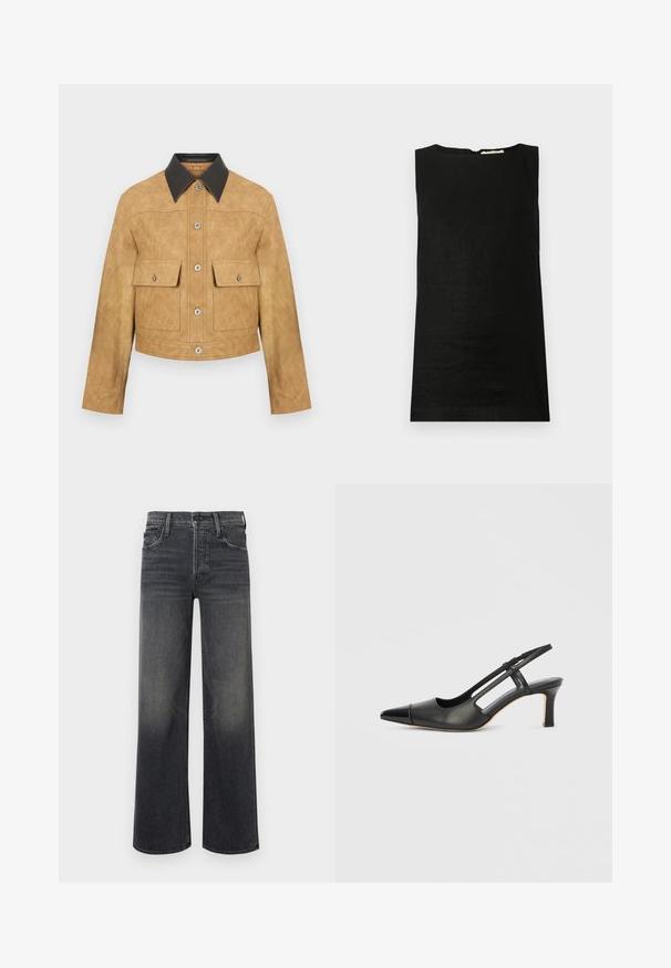 Chaqueta corta de cuero color tan con cuello negro, que presenta dos bolsillos frontales y cierre de botones a presión. Textura suave con un acabado mate.; Top negro sin mangas hecho de una tela ligera. Presenta un escote redondeado y un cierre de cremallera en la parte posterior oculto.; Jeans de pierna ancha en denim gris oscuro, con un sutil efecto desvanecido. Diseño clásico de cinco bolsillos con trabillas para el cinturón y costuras visibles.; Zapato slingback de cuero negro con punta afilada, con un acento brillante en la puntera y un tacón de altura media. Diseño con lateral abierto.