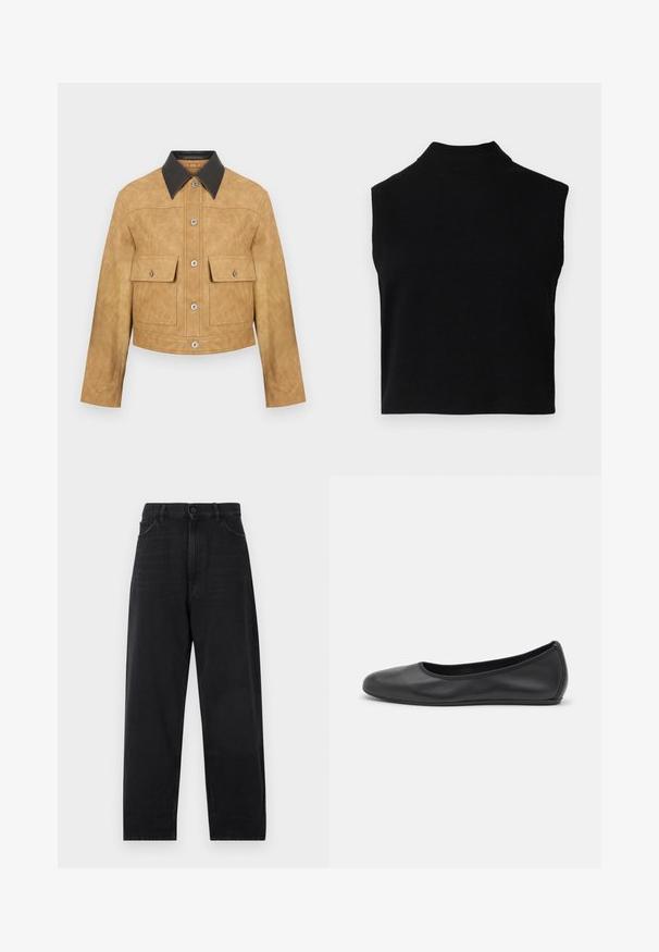 Karamelgekleurde leren cropped jack met een zwarte kraag, voorzien van twee voorzakken en een drukknoopsluiting. Gladde textuur met een matte afwerking.; Zwarte mouwloze coltrui met een aansluitend ontwerp, gemaakt van zachte stof, met een geribbelde halslijn en een gladde textuur.; Zwarte denim jeans met een hoge taille, recht pijp ontwerp, knoopsluiting en klassieke vijf-pocket styling. Gladde textuur met subtiele stiksels.; Zwarte leren ballerina met een ronde neus, gladde textuur, minimale stikdetails en een flexibele zoolontwerp.