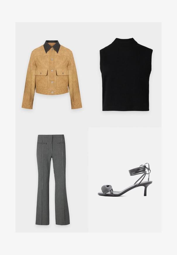 Karamelgekleurde leren cropped jack met een zwarte kraag, voorzien van twee voorzakken en een drukknoopsluiting. Gladde textuur met een matte afwerking.; Zwarte mouwloze coltrui met een aansluitend ontwerp, gemaakt van zachte stof, met een geribbelde halslijn en een gladde textuur.; Zwart-witte geblokte broeken, met een uitlopende pijpdesign, voorzien van twee achterzakken en een gestructureerde stof met een zichtbaar ruitpatroon.; Grijze leren sandaal met hak, voorzien van een geknoopte band bij de tenen en wikkellinten rond de enkel op een slanke sandaal met een middenhoge hak, tegen een witte achtergrond.