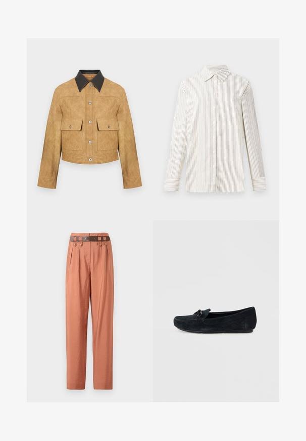 Tan læder cropped jakke med sort krave, som har to frontlommer og trykknaplukning. Glat tekstur med en mat finish.; Langærmet skjorte i cremefarvet med tynde vertikale brune striber, med klassisk krave og en enkelt brystlomme.; Buks i bomuldsblanding i en blød ferskenfarve, med høj talje, læg, bæltestropper og et matchende brunt bælte med metalaccenter.; Sort ruskind loafersko med rundet tå, dekorativ sløjfe foran og kontrasterende syninger. Flad sål og glat tekstur.