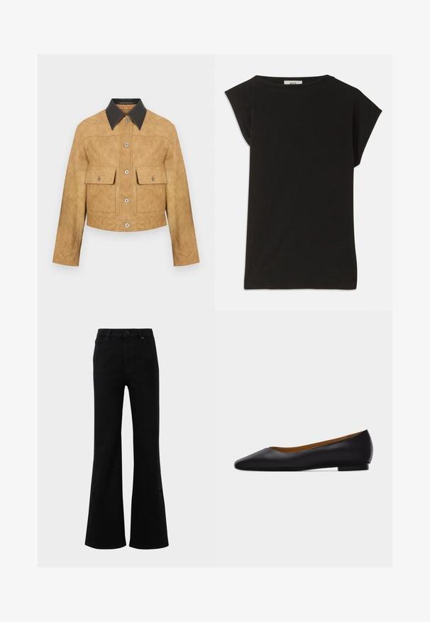 Tan læder cropped jakke med sort krave, som har to frontlommer og trykknaplukning. Glat tekstur med en mat finish.; Sort t-shirt lavet af bomuld, med en løs pasform, korte hætteærmer, en rund halsudskæring, og en glat tekstur.; Sorte udvidede jeans med høj talje, lavet af denim. Har strukturerede lommer og en knaplukning foran. Glat tekstur.; Sort læder flad sko med spids tå, lav hæl og glat finish, vist fra siden på en lysegrå baggrund.