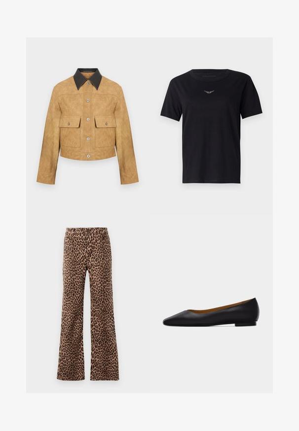 Chaqueta corta de cuero color tan con cuello negro, que presenta dos bolsillos frontales y cierre de botones a presión. Textura suave con un acabado mate.; Camiseta de algodón negra con cuello redondo, mangas cortas y un sutil logo texturizado en plata en el pecho. Acabado de tela suave.; Pantalones anchos de estampado de leopardo en beige y negro, con una textura suave y dobladillo ajustado. Diseño con cinturilla estándar y bolsillos.; Zapato plano de punta puntiaguda de cuero negro con tacón bajo y acabado liso, mostrado de perfil sobre un fondo gris claro.