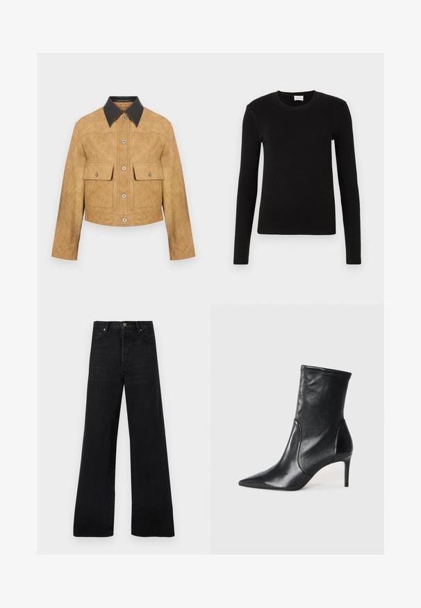 Chaqueta corta de cuero color tan con cuello negro, que presenta dos bolsillos frontales y cierre de botones a presión. Textura suave con un acabado mate.; Camiseta negra de manga larga hecha de una tela suave y lisa. Presenta un escote redondo y una forma ajustada, sin patrones ni acentos visibles.; Vaqueros negros de pierna ancha hechos de denim, con cintura alta, diseño de cinco bolsillos y cierre de botones, con una textura ligeramente desteñida.; Botas negras hasta el tobillo hechas de cuero suave, con punta afilada, caña ajustada y tacón alto delgado. Diseño minimalista sin herrajes visibles.