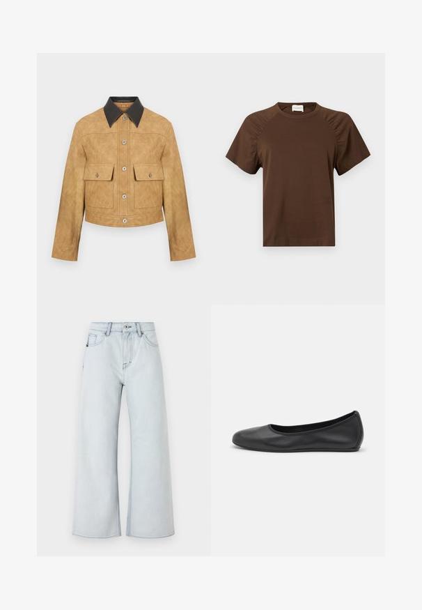 Karamelgekleurde leren cropped jack met een zwarte kraag, voorzien van twee voorzakken en een drukknoopsluiting. Gladde textuur met een matte afwerking.; Bruine t-shirt met korte mouwen, een ronde halslijn en geplooide details op de mouwen. Voorzien van een subtiel reliëflogo aan de onderkant voorkant.; Lichtblauwe jeans met een wijde pijp ontwerp, gemaakt van denim. Voorzien van een vijf-pocketstijl, riemlussen en een knoopsluiting.; Zwarte leren ballerina met een ronde neus, gladde textuur, minimale stikdetails en een flexibele zoolontwerp.