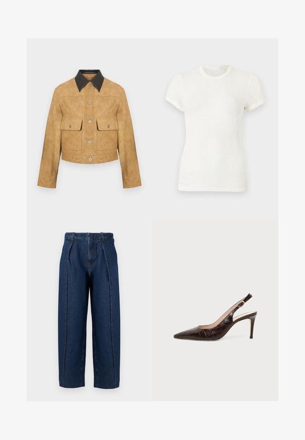 Karamelgekleurde leren cropped jack met een zwarte kraag, voorzien van twee voorzakken en een drukknoopsluiting. Gladde textuur met een matte afwerking.; Witte, geribbelde, korte mouw T-shirt met ronde halslijn en licht opgeblazen mouwen.; Donkerblauwe denim jeans met hoge taille en wijde pijpen, voorzien van voorpliemen en taillebandlussen, weergegeven tegen een effen witte achtergrond.; Donkerbruine leren slingback pumps met krokodillenstructuur, puntige neus en middelhoge naaldhak op effen achtergrond.