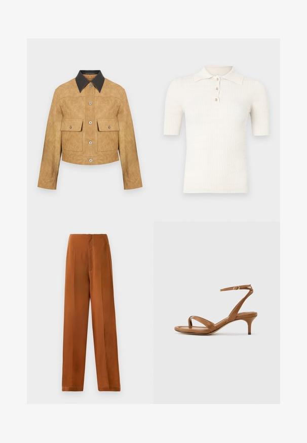 Chaqueta corta de cuero color tan con cuello negro, que presenta dos bolsillos frontales y cierre de botones a presión. Textura suave con un acabado mate.; Polo de color crema con textura acanalada, mangas cortas, cuello plano y tres botones decorativos en el escote. Textura suave.; Pantalones de pierna ancha en un color marrón cálido, con una textura suave, cintura alta y costuras en blanco que contrastan a lo largo de las costuras.; Sandalia de cuero marrón con tiras, tacón bajo de estilo kitten y una correa en el tobillo con una pequeña hebilla, mostrada de lado sobre un fondo liso.