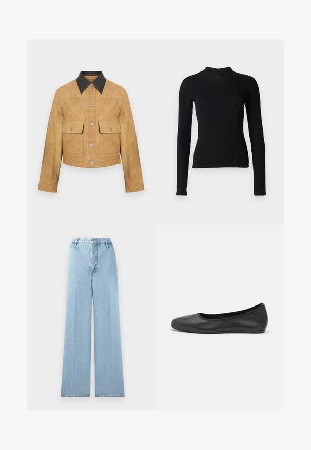 Karamelgekleurde leren cropped jack met een zwarte kraag, voorzien van twee voorzakken en een drukknoopsluiting. Gladde textuur met een matte afwerking.; Zwarte lange mouwen top met een strakke pasvorm, textuurstof en een hoge halslijn. Voorzien van een verborgen rits aan de achterkant voor sluiting.; Lichtblauwe wijde jeans gemaakt van denim met een hoge taille, voorzien van vijf riemlussen, een voorknopsluiting en gestikte naden.; Zwarte leren ballerina met een ronde neus, gladde textuur, minimale stikdetails en een flexibele zoolontwerp.