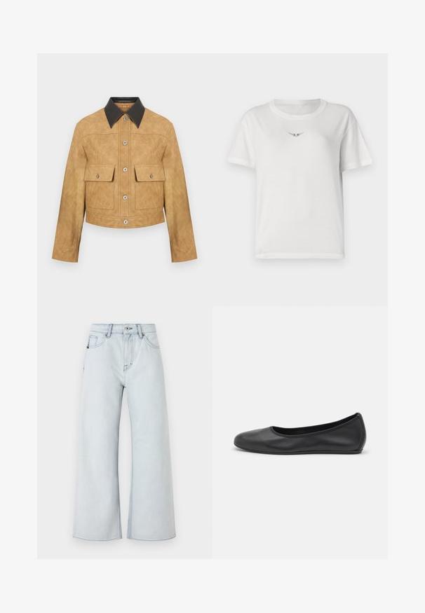 Tan læder cropped jakke med sort krave, som har to frontlommer og trykknaplukning. Glat tekstur med en mat finish.; Hvid bomulds t-shirt med korte ærmer, der har et lille sort vinge-design på brystet og en klassisk rund halsudskæring.; Lysblå jeans med bred benedesign, lavet af denim. Funktioner fem lomme-stil, bæltestropper og knaplukning.; Sort læderballetsko med rund tå, glat tekstur, minimal syning og et fleksibelt såldesign.