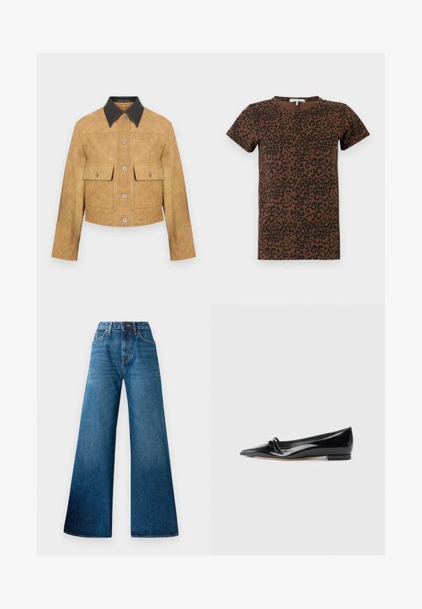Tan læder cropped jakke med sort krave, som har to frontlommer og trykknaplukning. Glat tekstur med en mat finish.; Brun t-shirt med sort leopardmønster, rund hals, korte ærmer, lavet af blødt stof, med en afslappet pasform og uden synligt hardware.; Blå denim brede bukser med høj talje, let falming, klassisk fem-lomme design og knaplukning foran.; Sorte patentlæder flade sko med spids tå, lille dekorativ rem og lav blokhæl. Glat tekstur og strømlinet design.