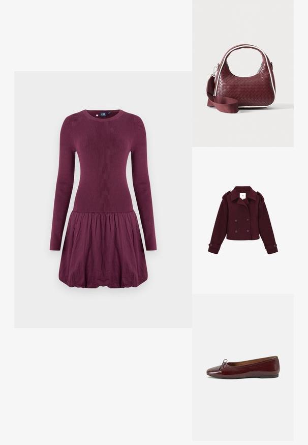 Bordeaux dobbeltknappet jakke lavet af blødt stof med skulderlapper og store knapper. Korte design med lange ærmer.; Lilla kjole med ribbet overdel, lange ærmer og en rynket nederdel. Stoffet ser glat ud med en let tekstur.; Bordeaux patentlæder balletflad med rund tå, lille sløjfeaccent foran og en lav, sort gummisål. Glat tekstur.; Mørkerød vævet lædertaske med buet hank, hvid kant, sølv lynlås og aftagelig bred stofskulderrem mod en ensfarvet baggrund.