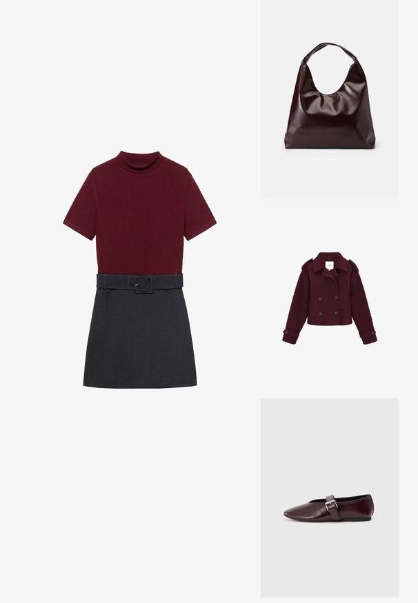Bordeaux-farbene doppelt-knöpfte Jacke aus weichem Stoff mit Schulterklappen und großen Knöpfen. Kurz geschnittenes Design mit langen Ärmeln.; Bordeauxfarbenes Kurzarmoberteil mit hohem Kragen, kombiniert mit einem dunkelgrauen Rock. Enthält einen passenden Gürtel in der Taille zur Anpassung.; Burgunderfarbene Leder-Ballettschuhe mit spitzem Schuhkopf, flacher Sohle und einem dekorativen Schnallenriemen quer über dem Spann. Glatte, glänzende Textur.; Burgunderfarbene, glänzende tote Bag aus veganem Leder mit einer weichen, skulpturalen Form und einem breiten, geschwungenen Henkel für einfaches Tragen.
