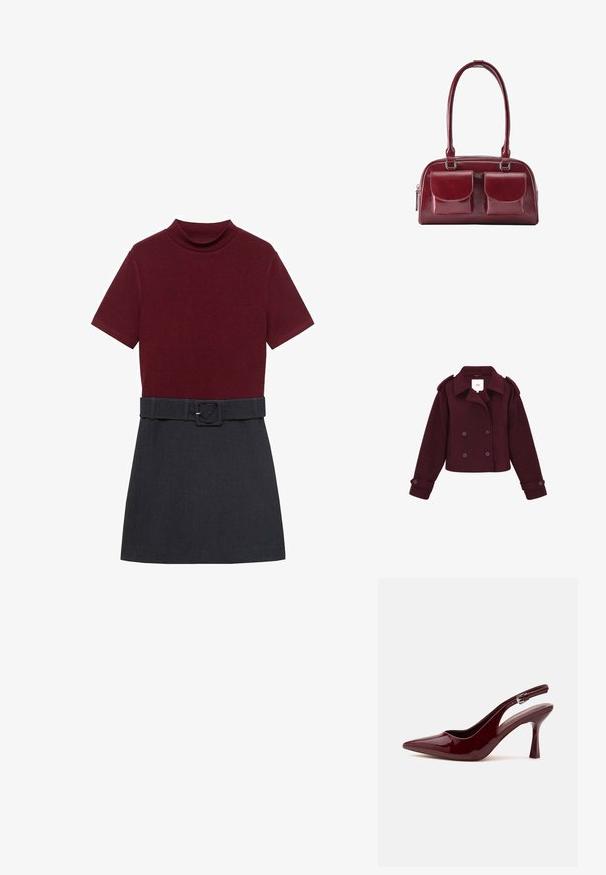 Bordeaux-farbene doppelt-knöpfte Jacke aus weichem Stoff mit Schulterklappen und großen Knöpfen. Kurz geschnittenes Design mit langen Ärmeln.; Bordeauxfarbenes Kurzarmoberteil mit hohem Kragen, kombiniert mit einem dunkelgrauen Rock. Enthält einen passenden Gürtel in der Taille zur Anpassung.; Glänzender dunkelroter Slingback-Pumps mit spitzer Kappe, schmalem verstellbarem Riemen und zugespitztem Stiletto-Absatz auf weißem Hintergrund.; Dunkelrote Lederhandtasche mit zwei vorderen Klappentaschen und langen Schulterriemen, gezeigt auf weißem Hintergrund.