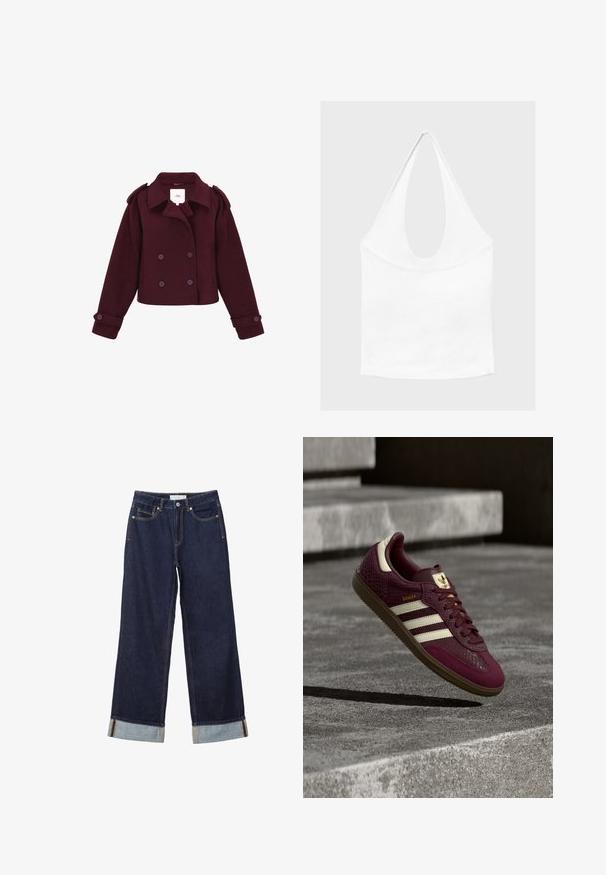 Veste bordeaux à double boutonnage en tissu doux, dotée d'épaulières et de grands boutons. Design court avec des manches longues.; Haut blanc sans manches à encolure américaine, avec un profond col rond et une taille cintrée, présenté sur un fond clair et uni.; Jean denim bleu foncé à jambes larges avec ourlets retroussés, bouton devant, braguette zippée et design à cinq poches.; Baskets bordeaux en cuir texturé, avec trois bandes blanches et des accents dorés. Semelle en caoutchouc, design classique Samba, et détails en mesh respirant.