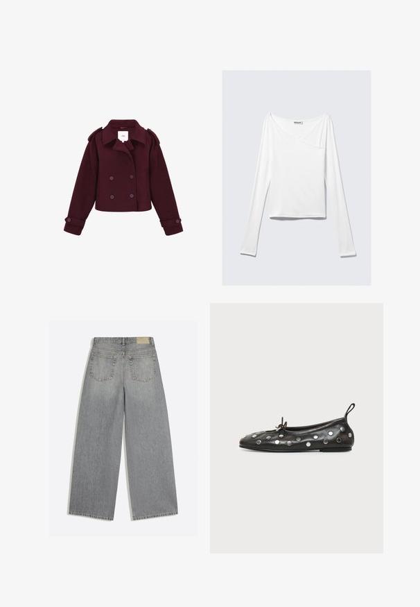 Bordeaux-farbene doppelt-knöpfte Jacke aus weichem Stoff mit Schulterklappen und großen Knöpfen. Kurz geschnittenes Design mit langen Ärmeln.; Weißes Langarmoberteil mit einem Überlappungsdesign und einer Tasche. Hergestellt aus einem glatten, elastischen Material. In einem lässigen, entspannten Schnitt.; Graue Jeans mit weitem Bein, Rückseite mit zwei Taschen und Gürtelschlaufen, flach auf weißem Hintergrund liegend.; Schwarzer Leder-Ballerinaschuh mit silbernen runden Nieten, einer kleinen Schleife oben und einem Zuglaschen an der Ferse vor weißem Hintergrund.