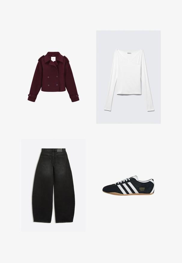 Bordeaux gekruist jasje gemaakt van zacht materiaal met schouderepauletten en grote knopen. Kort ontwerp met lange mouwen.; Witte long-sleeve top met een crossover ontwerp en een zak. Gemaakt van een gladde, rekbare stof. Geknipt in een casual, relaxte pasvorm.; Zwarte wijde denim jeans gezien van achteren met twee achterzakken en riemlussen op de tailleband.; Zwarte suède sneaker met witte drie strepen, gouden logo en een bruine rubberen zool. Heeft een laag profiel vetersluiting ontwerp.