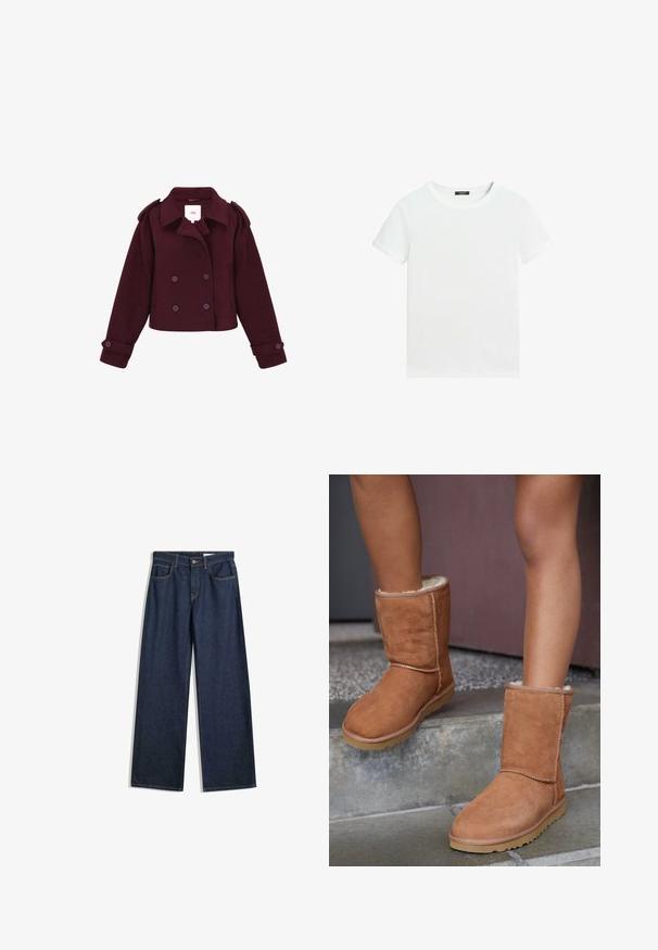 Bordeaux-farbene doppelt-knöpfte Jacke aus weichem Stoff mit Schulterklappen und großen Knöpfen. Kurz geschnittenes Design mit langen Ärmeln.; Schlichtes weißes T-Shirt mit kurzen Ärmeln, rundem Halsausschnitt und einem kleinen schwarzen Etikett innen am Kragen.; Weite dunkelblaue Jeans mit fünf Taschen, sichtbarer Naht und Knopfverschluss. Sie verfügen über eine gerade Passform und leichte Gebrauchsspuren.; Braune Wildleder-Stiefeletten mit runder Spitze, weicher Innenausstattung und Gummisohle, die über sichtbare Nähte entlang der Nähte verfügen.