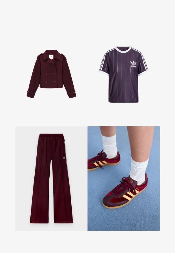 Bordeaux dobbeltknappet jakke lavet af blødt stof med skulderlapper og store knapper. Korte design med lange ærmer.; Lilla atletisk t-shirt med hvide lodrette striber, rund hvid krave og Adidas-logo i hvid på venstre bryst. Korte ærmer.; Bordeaux farvede sportbukser med afslappet pasform, lavet af glat materiale, med to sidelommer og hvide kontraststriber langs siderne.; Bordeaux ruskind og læder sneakers med gule striber og gummisål. Hvide ribbede sokker synlige over anklen, placeret på en blå struktureret overflade.
