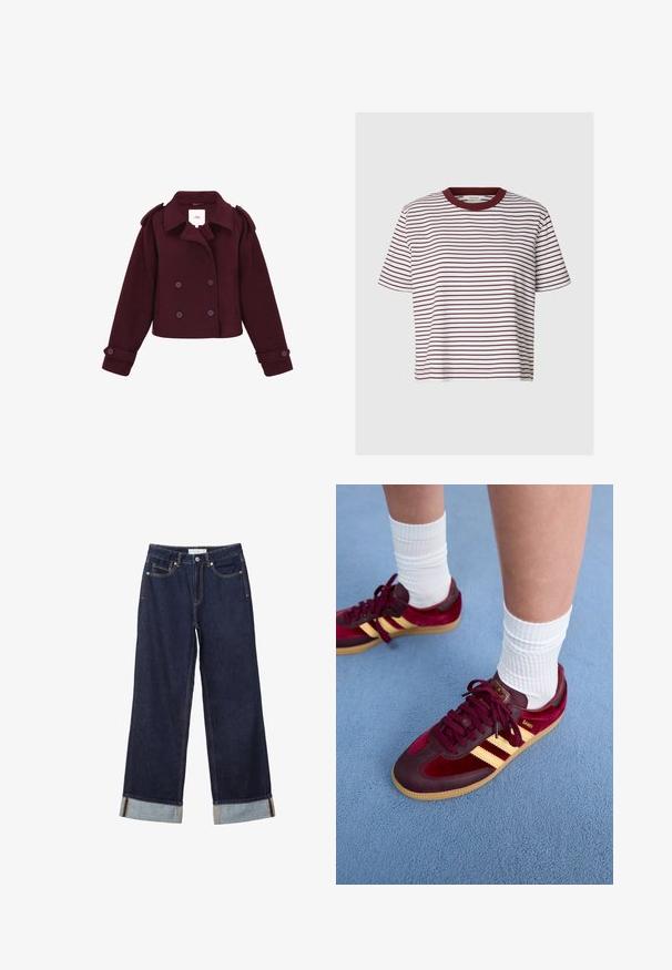 Bordeaux-farbene doppelt-knöpfte Jacke aus weichem Stoff mit Schulterklappen und großen Knöpfen. Kurz geschnittenes Design mit langen Ärmeln.; Weißes T-Shirt mit kurzen Ärmeln, dünnen horizontalen dunkelroten Streifen und einem einfarbigen dunkelroten Rundhalsausschnitt.; Dunkelblaue Jeans mit weitem Bein, umgeschlagenen Säumen, Knopf vorne, Reißverschluss und Fünf-Taschen-Design.; Bordeauxfarbene Wildleder- und Ledersneaker mit gelben Streifen und Gummisohle. Weiße gerippte Socken sichtbar über den Knöcheln, auf einer blauen strukturierten Oberfläche.