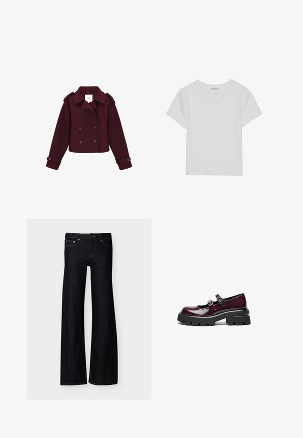 Bordeaux dobbeltknappet jakke lavet af blødt stof med skulderlapper og store knapper. Korte design med lange ærmer.; Hvid kortærmet V-hals t-shirt lavet af ribbet stof. Har et rent design med en lige kant og minimal detaljer.; Sorte vidde jeans i denim med forlommer, knaplukning og synlige syninger, vist mod en ensfarvet hvid baggrund.; Bordeaux patentlæder Mary Jane-sko med dobbelte spænde remme og tykke sorte gummisåler med dybe riller.
