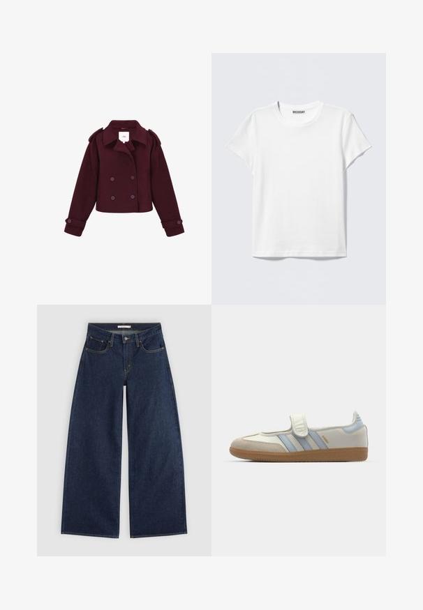 Bordeaux gekruist jasje gemaakt van zacht materiaal met schouderepauletten en grote knopen. Kort ontwerp met lange mouwen.; Effen wit T-shirt met korte mouwen en een ronde hals met een "WEEKDAY" label aan de binnenkant van de kraag, getoond op een lichtgrijze achtergrond.; Donkerblauwe wijde spijkerbroek met voorzakken, riemlussen en knoopsluiting, plat gelegd op een lichte achtergrond.; adidas Originals SAMBA JANE BALLERINA - Ballerina's met enkelbandjes - cloud white/halo blue