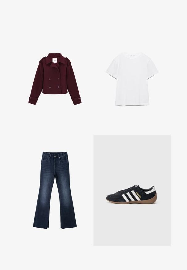 Bordeaux-farbene doppelt-knöpfte Jacke aus weichem Stoff mit Schulterklappen und großen Knöpfen. Kurz geschnittenes Design mit langen Ärmeln.; Unifarbenes weißes T-Shirt mit kurzen Ärmeln und Rundhalsausschnitt, gerader Saum, dargestellt auf weißem Hintergrund.; Dunkelblaue ausgestellte Jeans mit vorderen Taschen, Knopf- und Reißverschluss sowie dezentem Verblassen an Oberschenkeln und Knien.; Schwarzer Veloursleder-Sneaker mit drei weißen Streifen, Gummisohle und einem kleinen goldenen Logo an der Seite. Verfügt über ein glattes schwarzes Innenfutter.