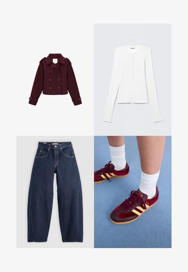 Veste bordeaux à double boutonnage en tissu doux, dotée d'épaulières et de grands boutons. Design court avec des manches longues.; Chemise Henley blanche à manches longues avec col rond et une rangée verticale de petits boutons au centre devant.; Jean en denim bleu foncé, à coupe ample, avec des coutures claires, cinq poches et un bouton de fermeture à la taille.; Baskets en daim et cuir bordeaux avec des rayures jaunes et une semelle en gomme. Chaussettes blanches côtelées visibles au-dessus de la cheville, posées sur une surface texturée bleue.