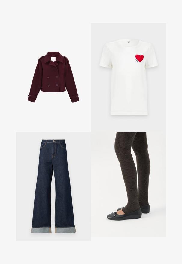 Veste bordeaux à double boutonnage en tissu doux, dotée d'épaulières et de grands boutons. Design court avec des manches longues.; T-shirt blanc à manches courtes avec un cœur rouge et le mot "AMOUR" imprimé sur la zone gauche de la poitrine.; Jean en denim foncé à jambes larges avec des coutures orange, présentant une taille haute, deux poches avant et des ourlets retroussés mettant en valeur un tissu contrastant bleu clair.; Jambes portant des leggings côtelés foncés associés à des ballerines noires avec de petits détails en nœud sur fond blanc.