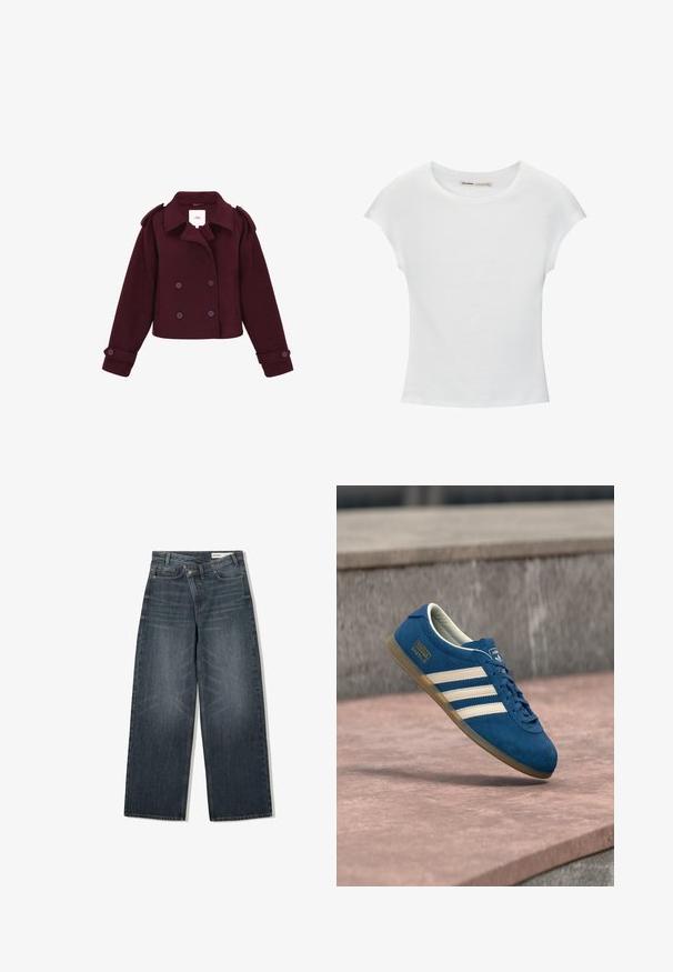 Bordeaux gekruist jasje gemaakt van zacht materiaal met schouderepauletten en grote knopen. Kort ontwerp met lange mouwen.; Witte katoenen T-shirt met korte, opgerolde mouwen, een ronde halslijn en een rechte zoom. Gladde textuur zonder zichtbare patronen of accenten.; Donker gewassen spijkerbroek met een wijde pijpdesign, voorzien van een hoge taille, vijf zakken en subtiele wassing aan de voorkant.; Blauwe suède sneaker met crèmekleurige strepen en veters, zool van gumrubber, gestructureerd oppervlak, afgeronde neus en merkopdruk aan de zijkant.